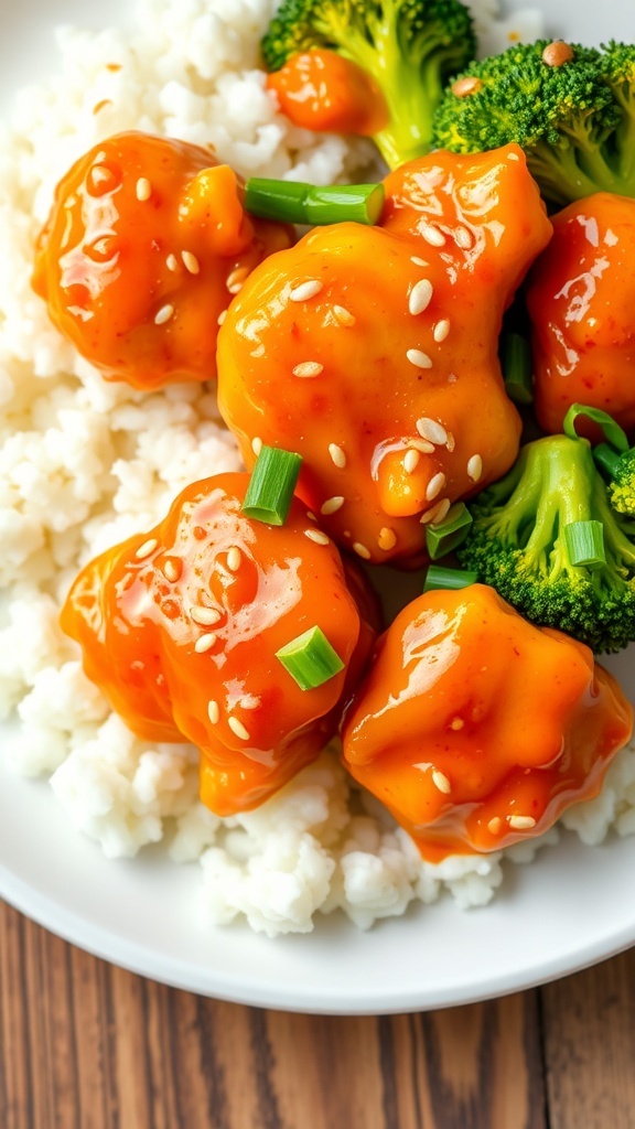 Crispy air fryer orange chicken with sesame seeds and green onions, served with rice and broccoli.